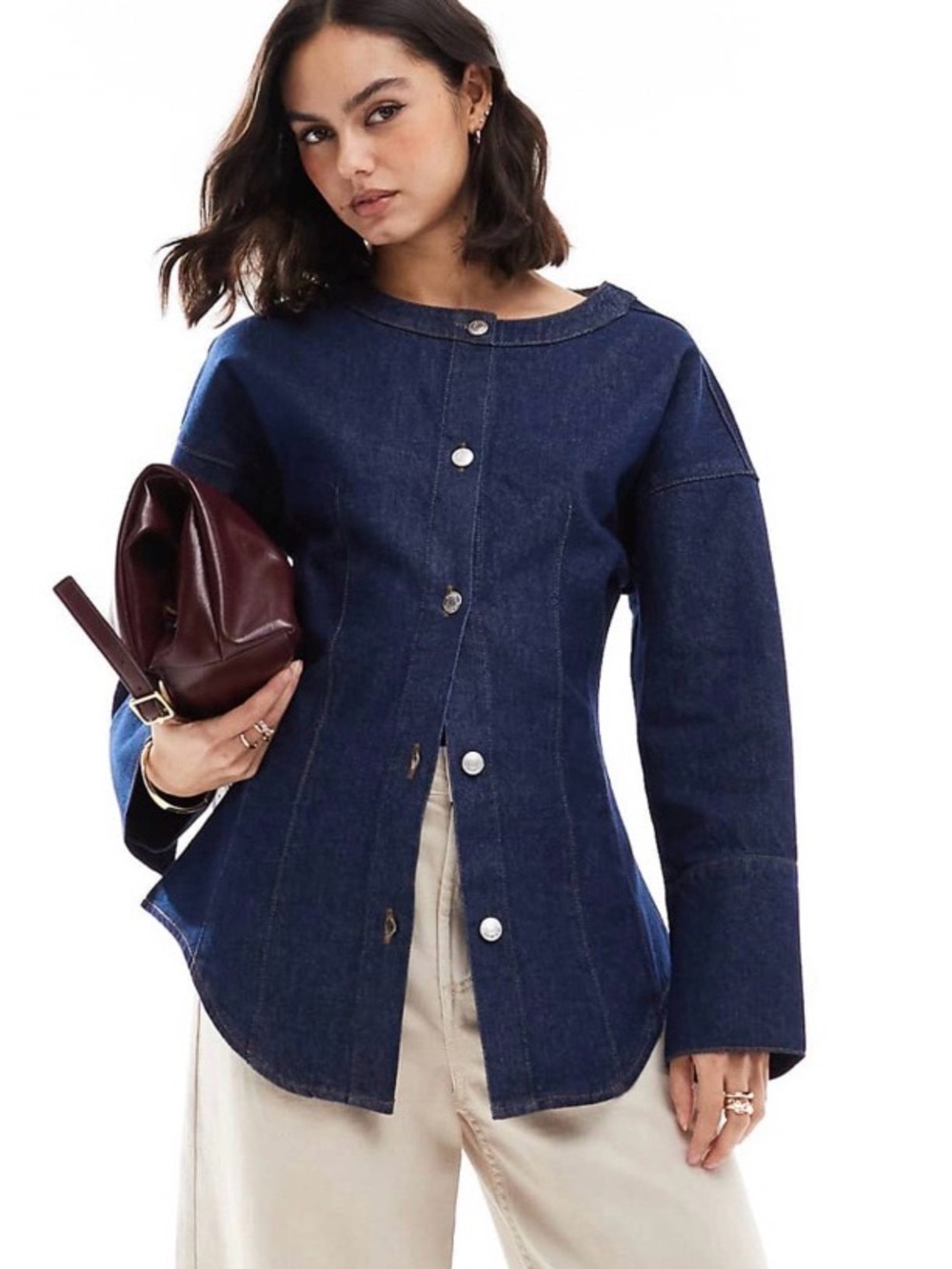 ASOS Dark Indigo Denim Round-Neck Button Jacket